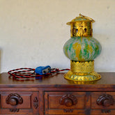 Brass Decorative Electric Diya Lamp With Green Marble Finish Glass