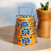 Hand Painted 3 Tier Steel Tiffin Box - Orange
