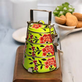 Hand Painted 3 Tier Steel Tiffin Box - Green