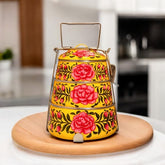 Hand Painted 3 Tier Steel Tiffin Box - Yellow