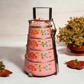 Hand Painted 4 Tier Steel Tiffin Box - Pink