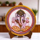 Marbel Round Ganesh Plate With Wood Stand
