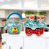 Hand Painted Aluminum Tea Kettle With Wooden Trolley Set