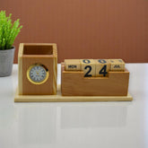 Wooden Desk Pen Holder Clock With Calendar Set of 50