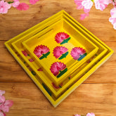 Wooden Hand Painted Serving Tray With Pink Flower Design