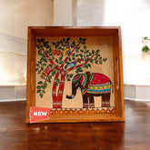 Wooden Hand Painted Serving Tray With Majestic Elephant Design