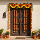 Traditional Marigold Flower Door Toran With Hanging Garlands-red