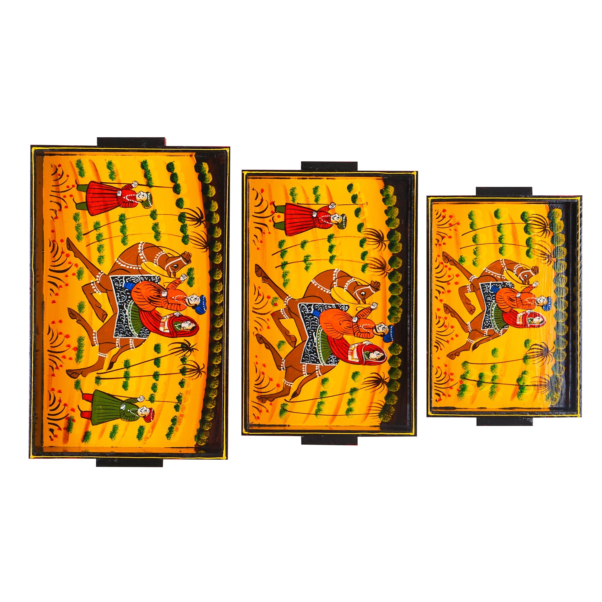 Wooden Tray Serving Hand Painted Set of 3