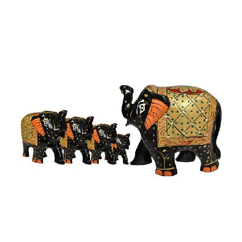 Wooden Elephant Antique Painting Showpiece Set Of 5