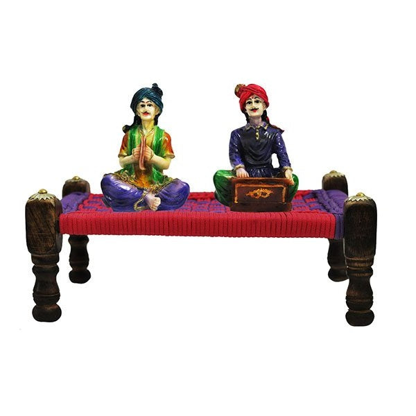 Wooden Charpai With Polyresine Rajasthani Musicians Showpiece