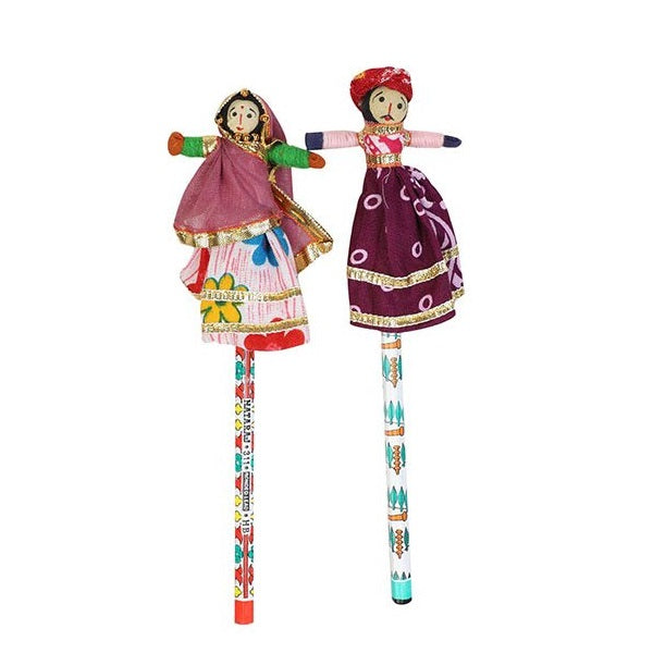 Wooden Rajasthani Pencil Puppet Pair Multicolor