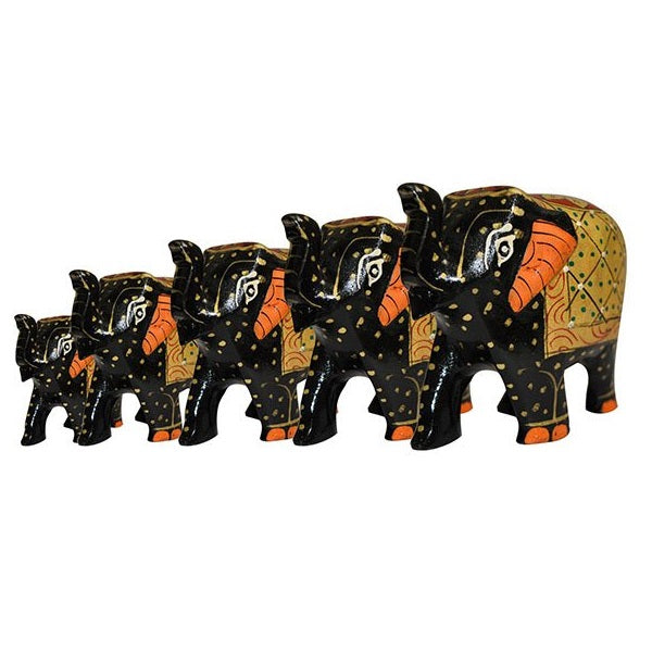 Wooden Elephant Antique Painting Showpiece Set Of 5