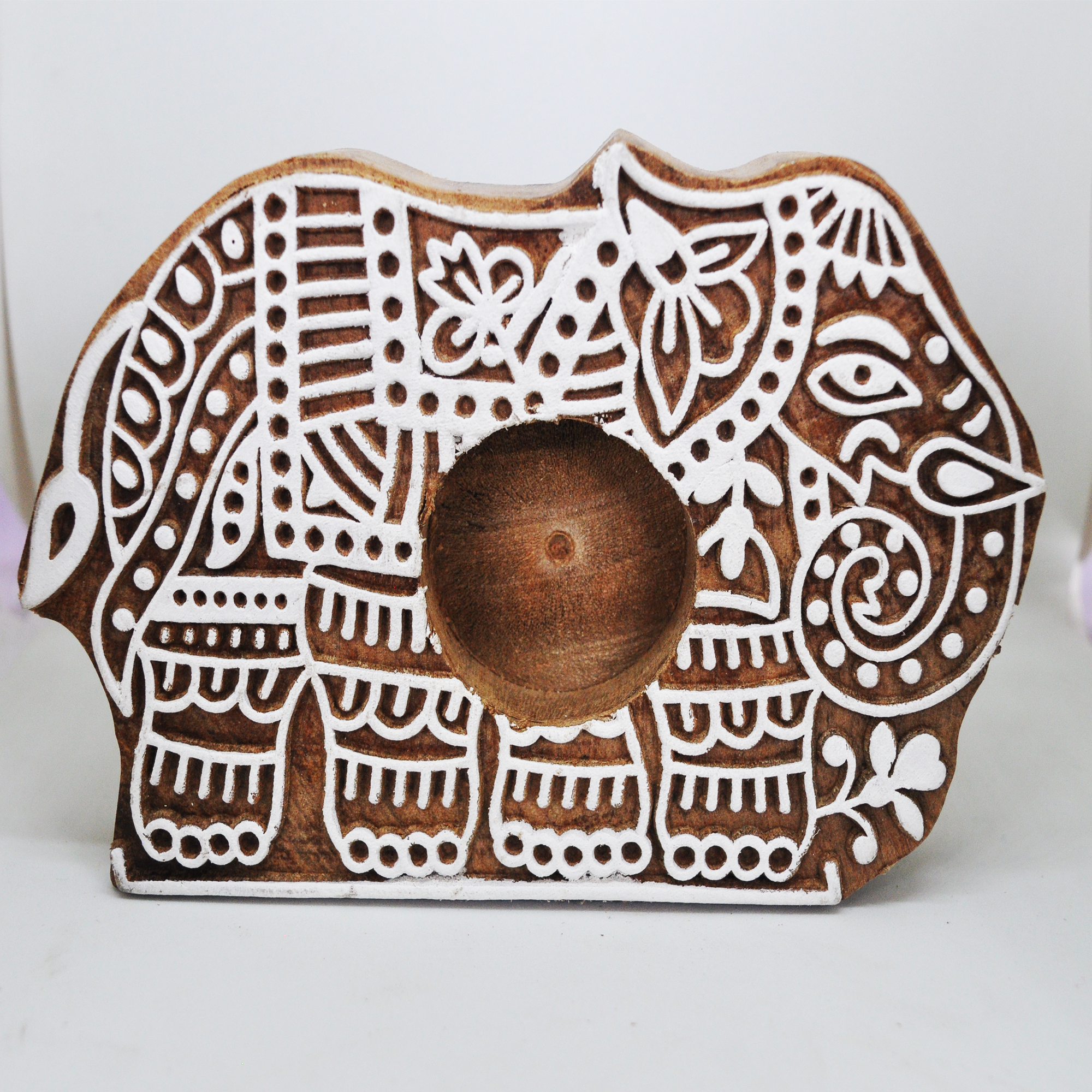 Wooden Hand block Elephant Shape Diya pair