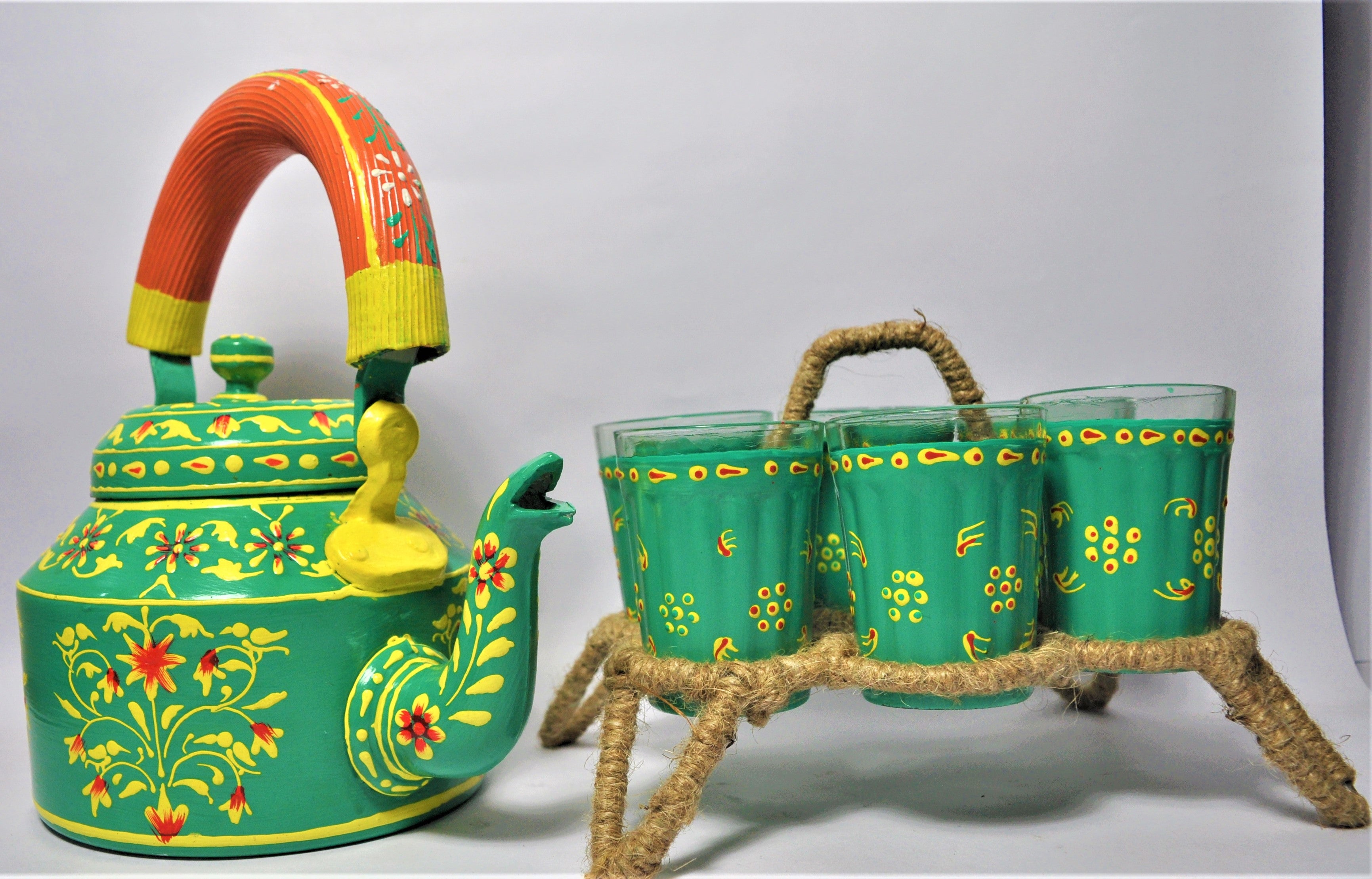 Hand Painted Aluminium Kettle Jute Stand 6 Glass Set - Green