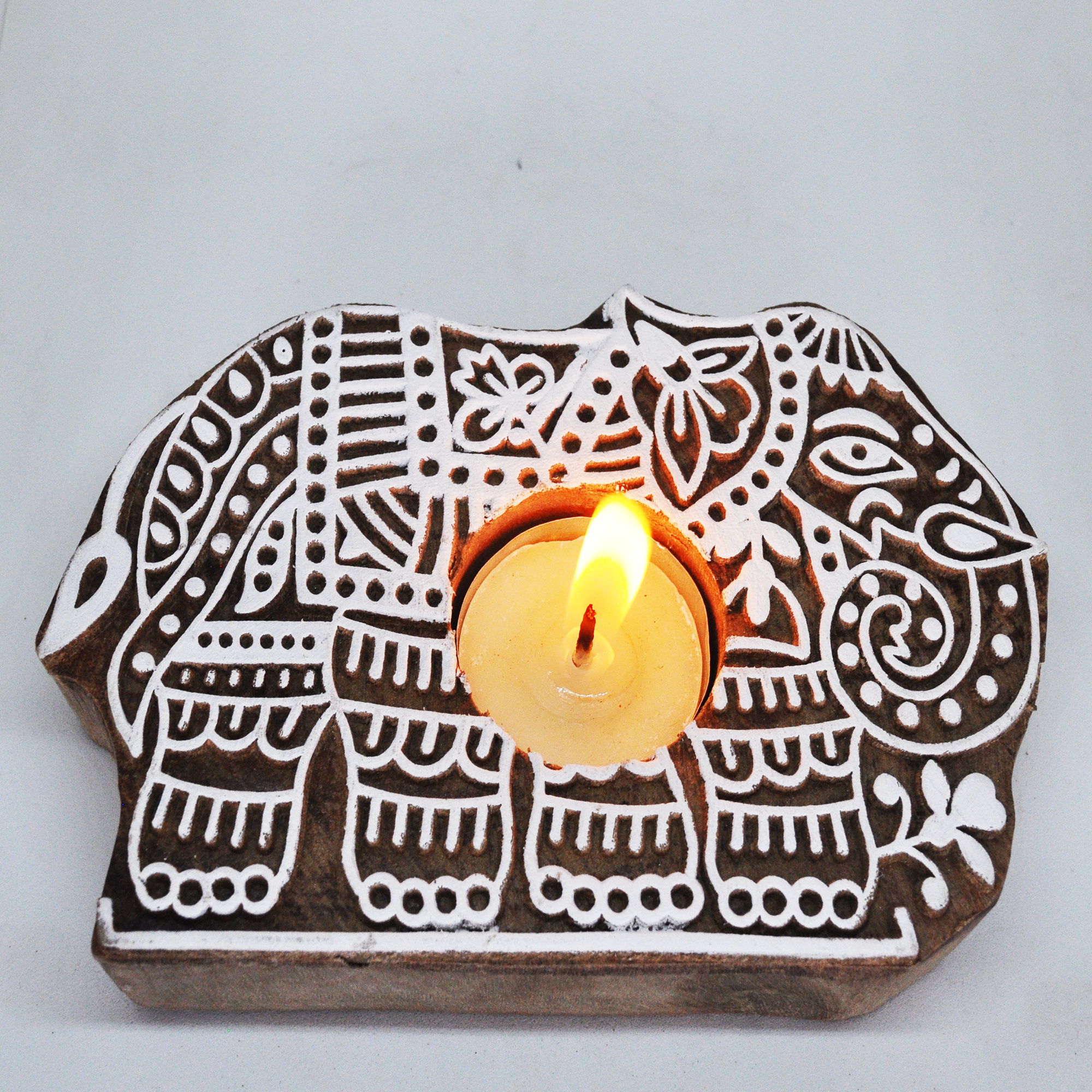 Wooden Hand block Elephant Shape Diya pair