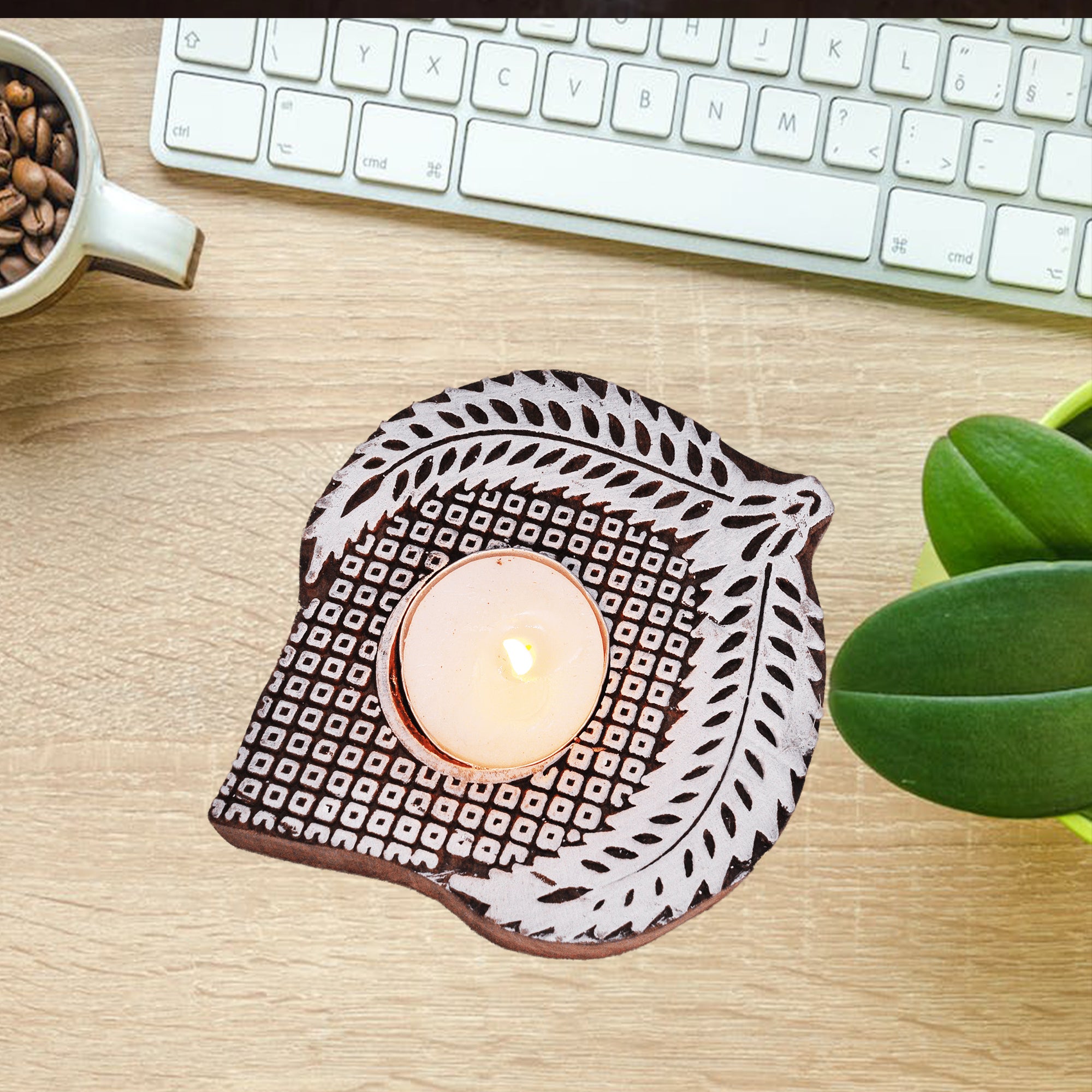 Wooden Hand block Leaf Shaped Diya pair