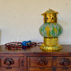 Brass Decorative Electric Diya Lamp With Green Marble Finish Glass