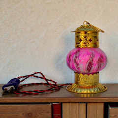 Brass Decorative Electric Diya Lamp With Marble Finish Pink Glass