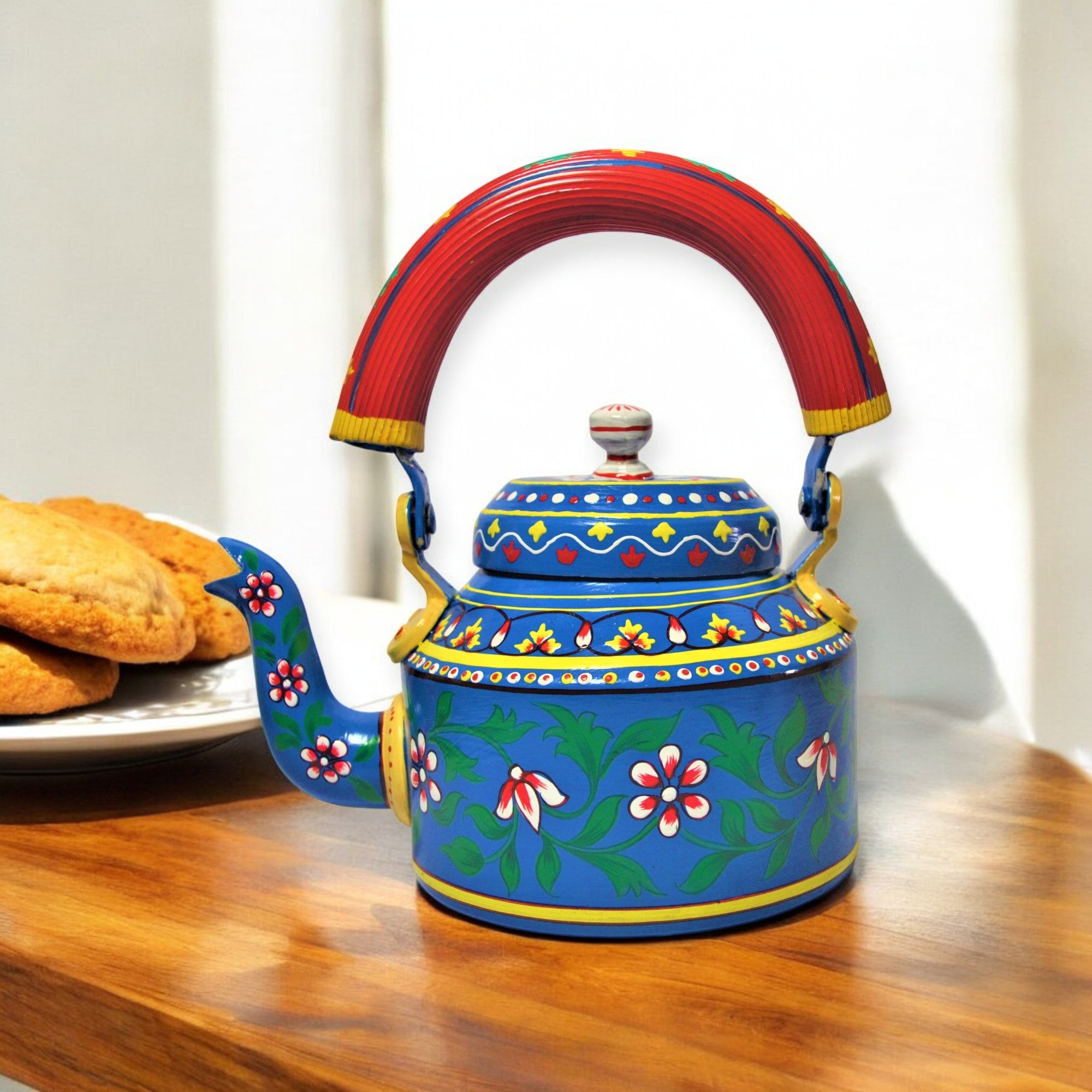 Hand Painted Aluminium Kettle Jute Stand 6 Glass Set Blue