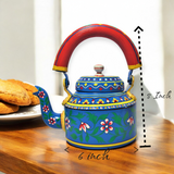 Hand Painted Aluminium Kettle Jute Stand 6 Glass Set Blue