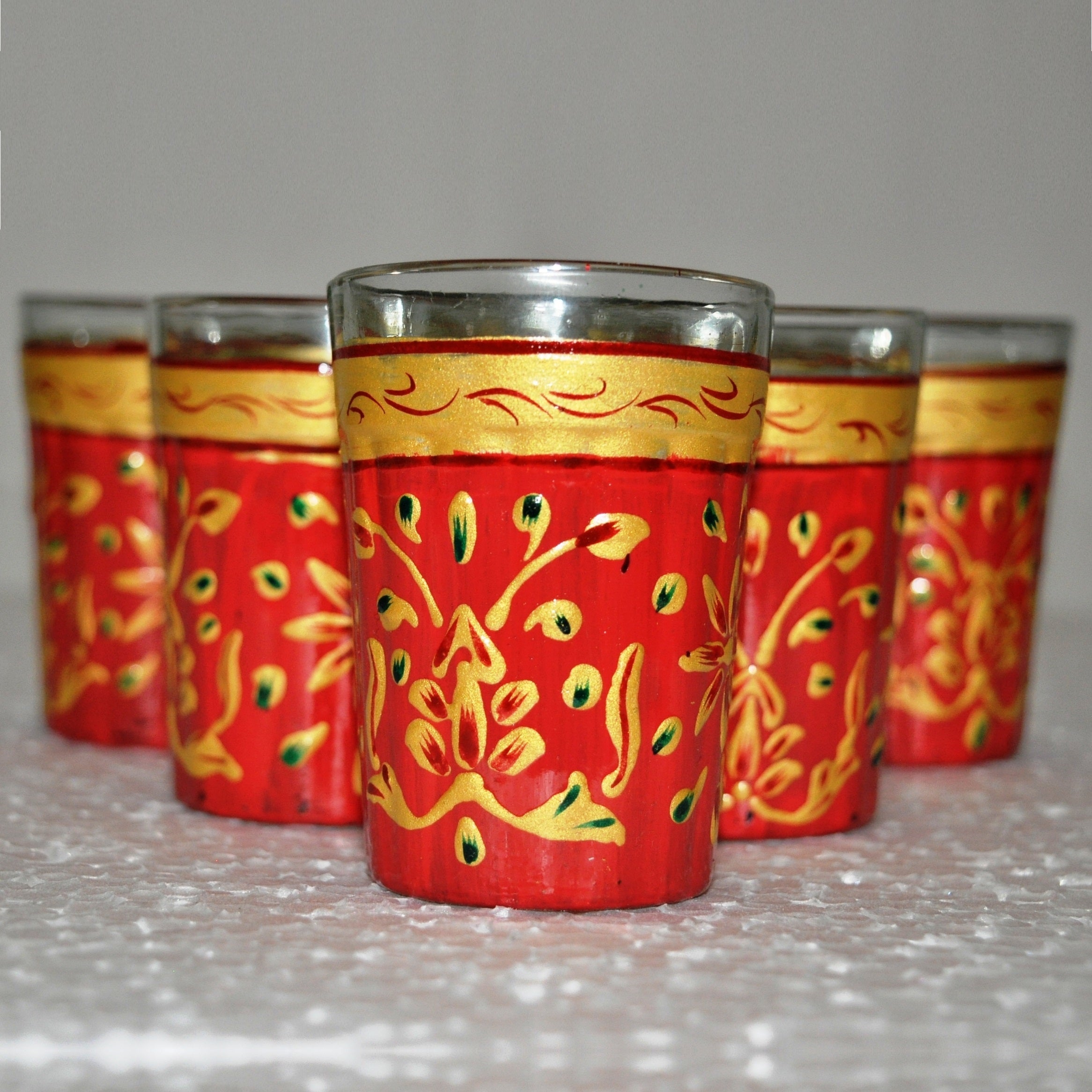 Decorative Hand Painted Flower Tea Glass Set - Red