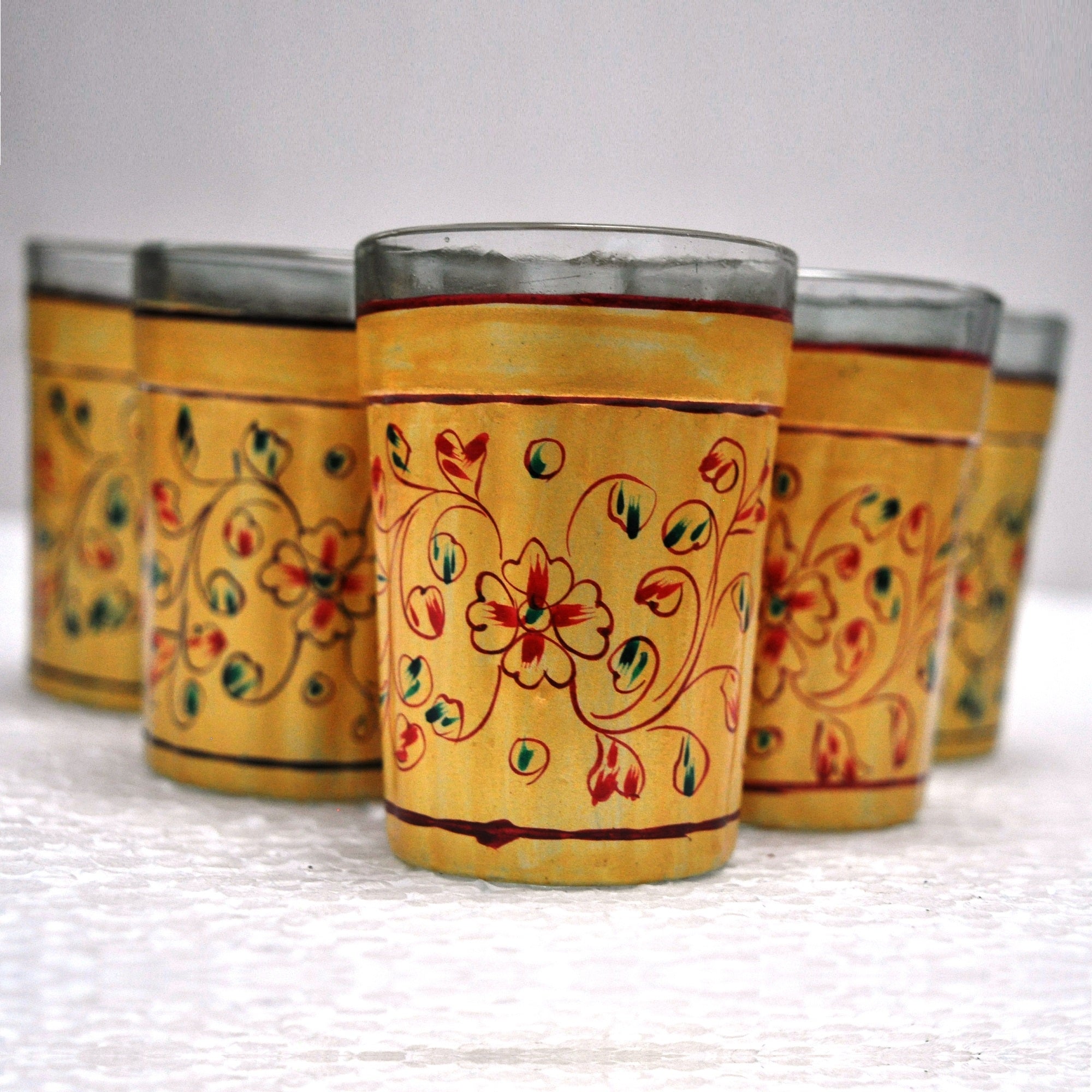 Decorative Hand Painted Flower Tea Glass Set - Yellow