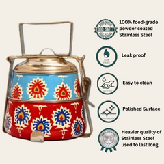 Hand Painted 2 Tier Steel Tiffin Box - Red Blue