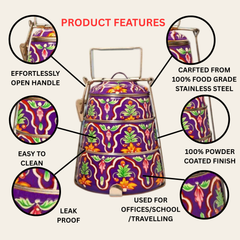Hand Painted 3 Tier Steel Tiffin Box - Purple