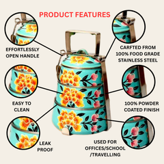 Hand Painted 3 Tier Steel Tiffin Box - Sky Blue