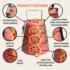 Hand Painted 3 Tier Steel Tiffin Box - Pink