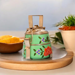 Hand Painted 2 Tier Steel tiffin Box -Green