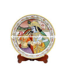 Marbel Round Radha Krishan Plate With Wood Stand