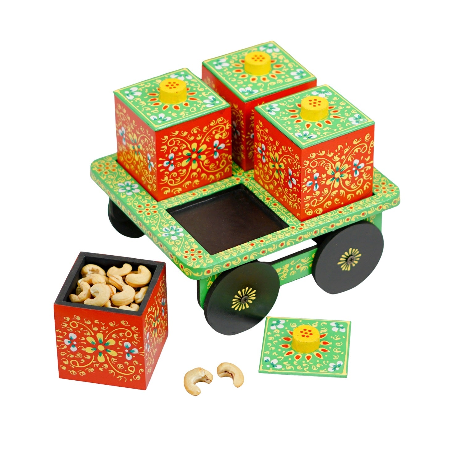 Dry Fruit Box Set of 4 With Trolley Cart - Green
