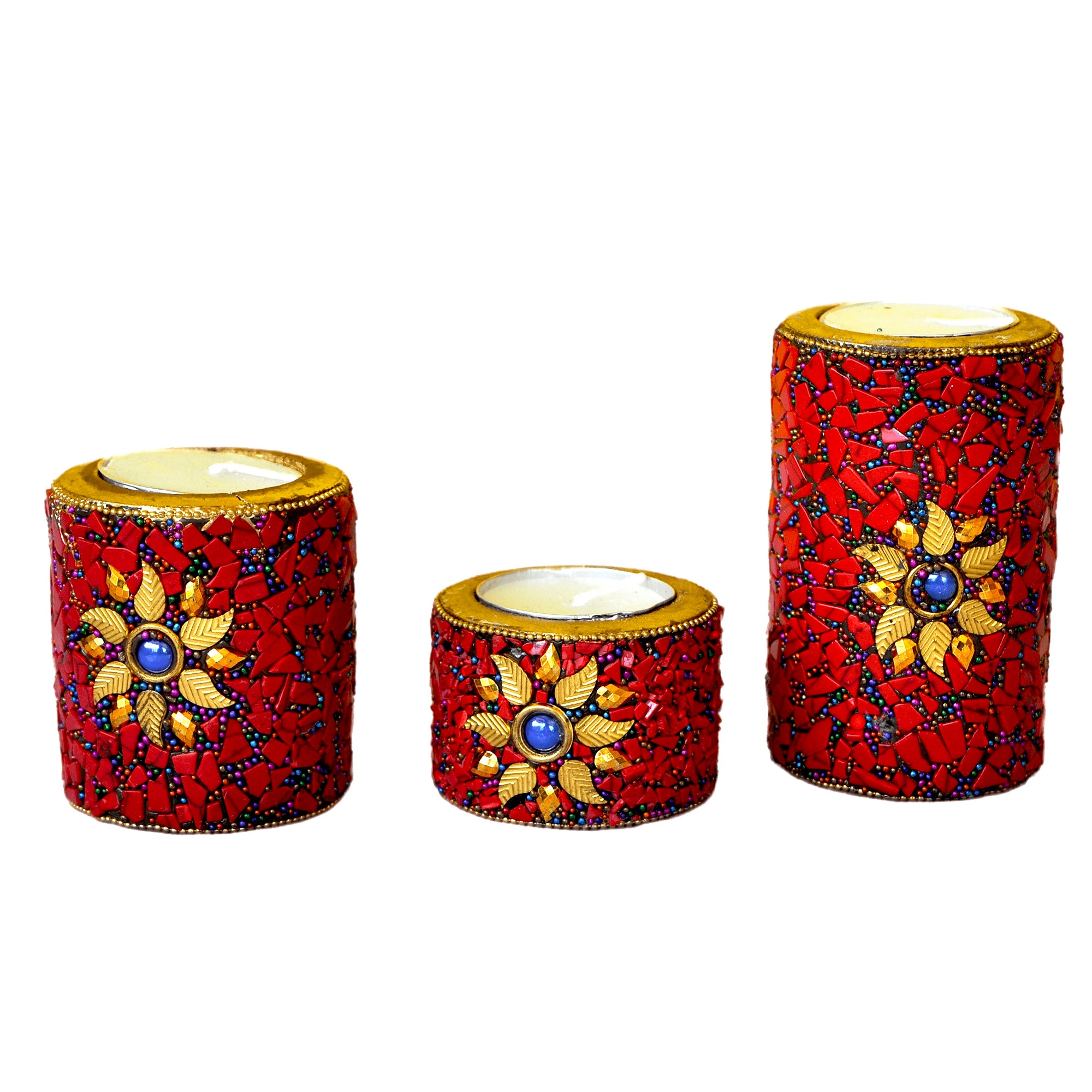 Wooden Tea Light Candle Holder Set of 3 - Red