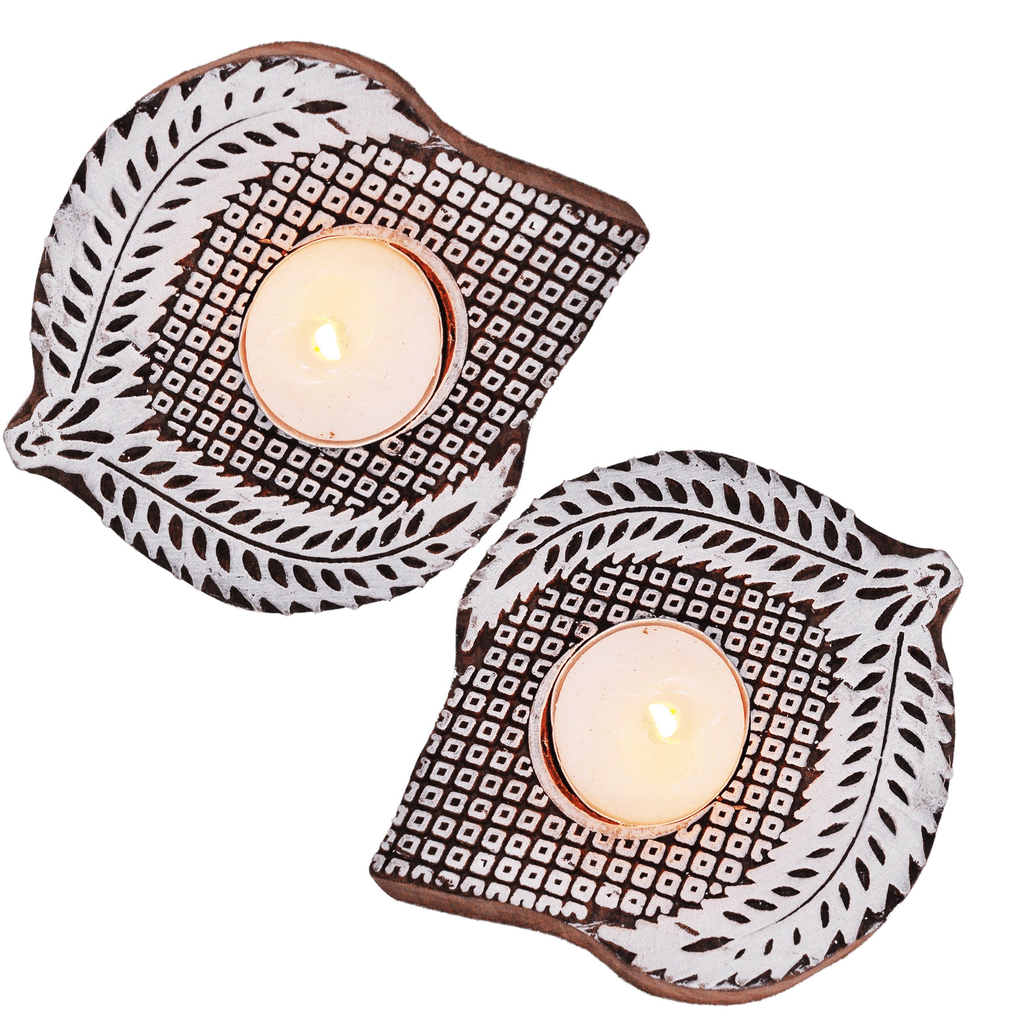 Wooden Hand block Leaf Shaped Diya pair