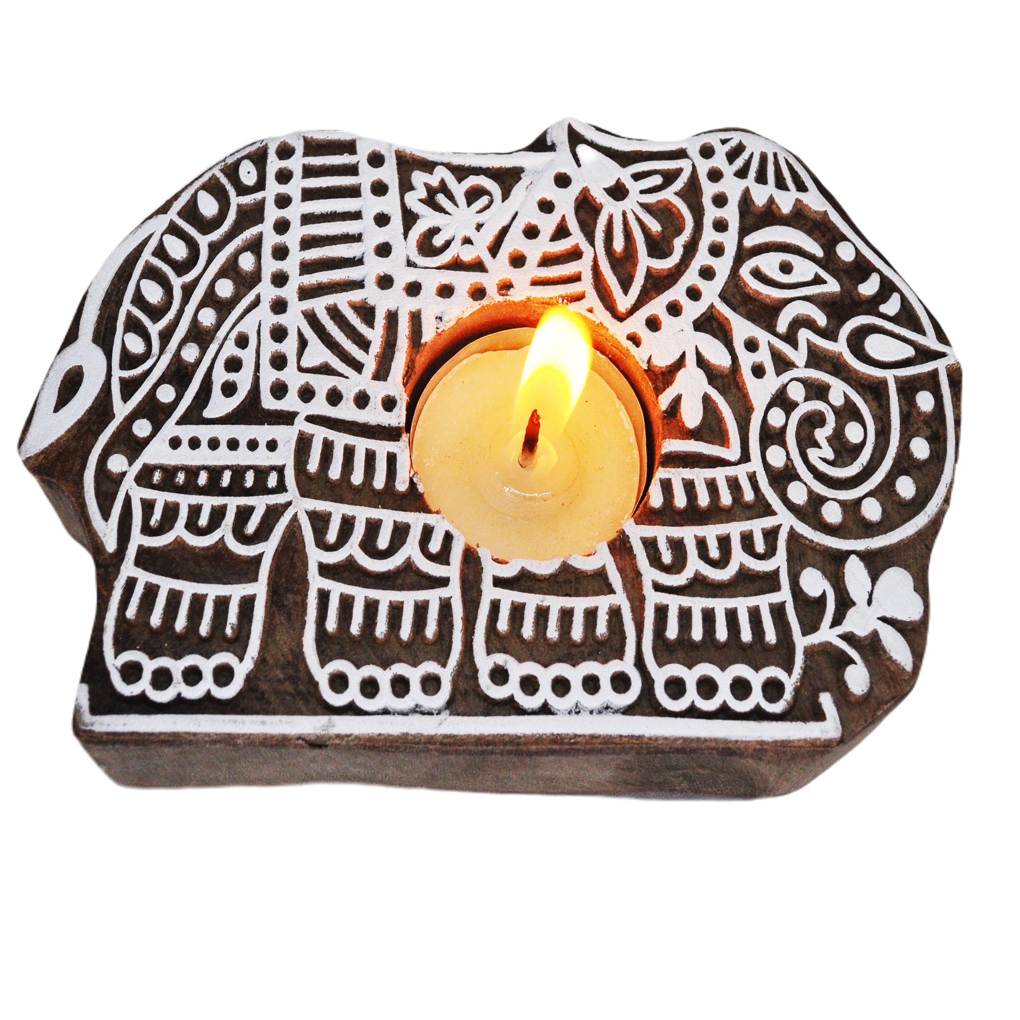 Wooden Hand block Elephant Shape Diya pair