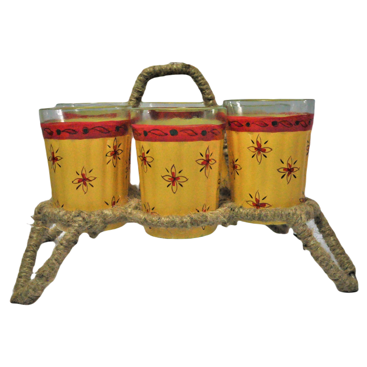 Hand Painted Aluminium Kettle Jute Stand 6 Glass Set