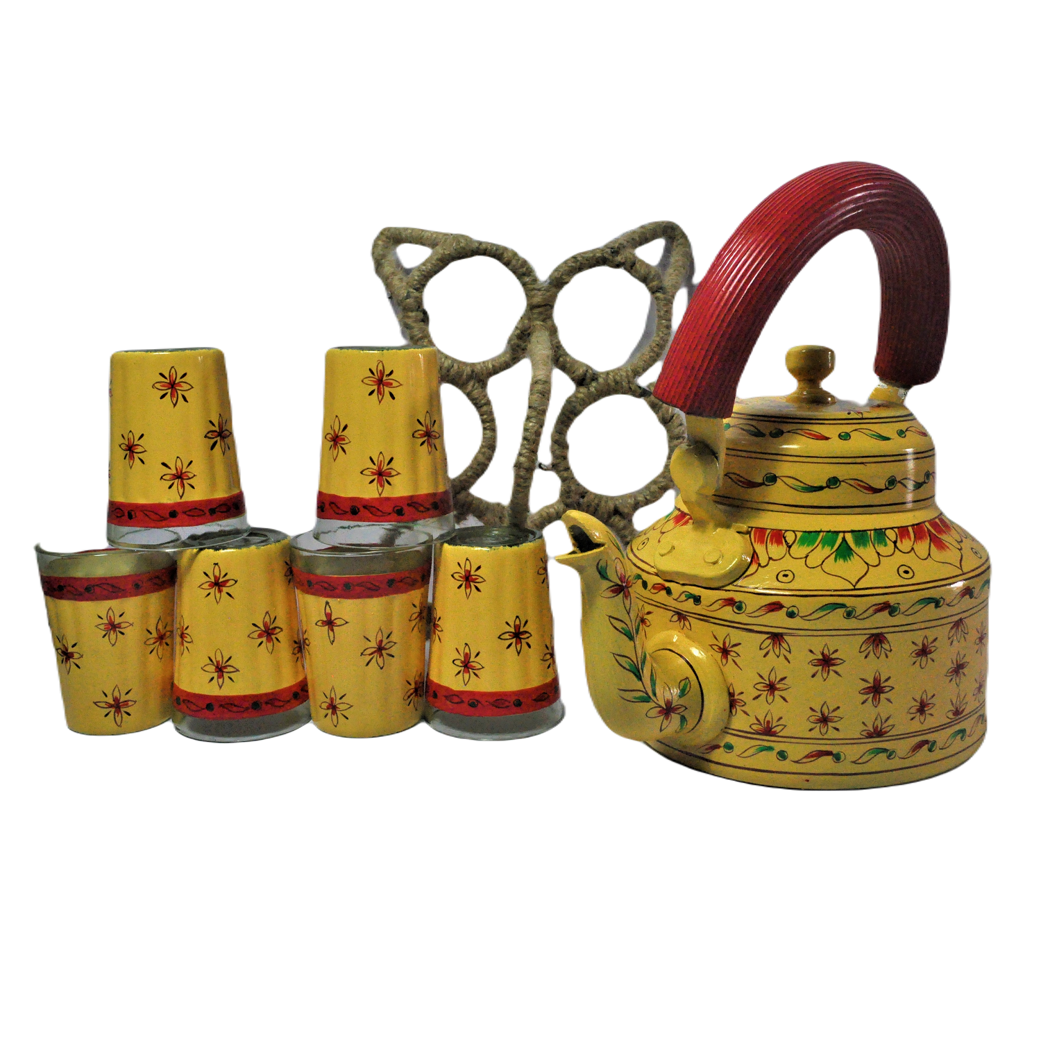 Hand Painted Aluminium Kettle Jute Stand 6 Glass Set