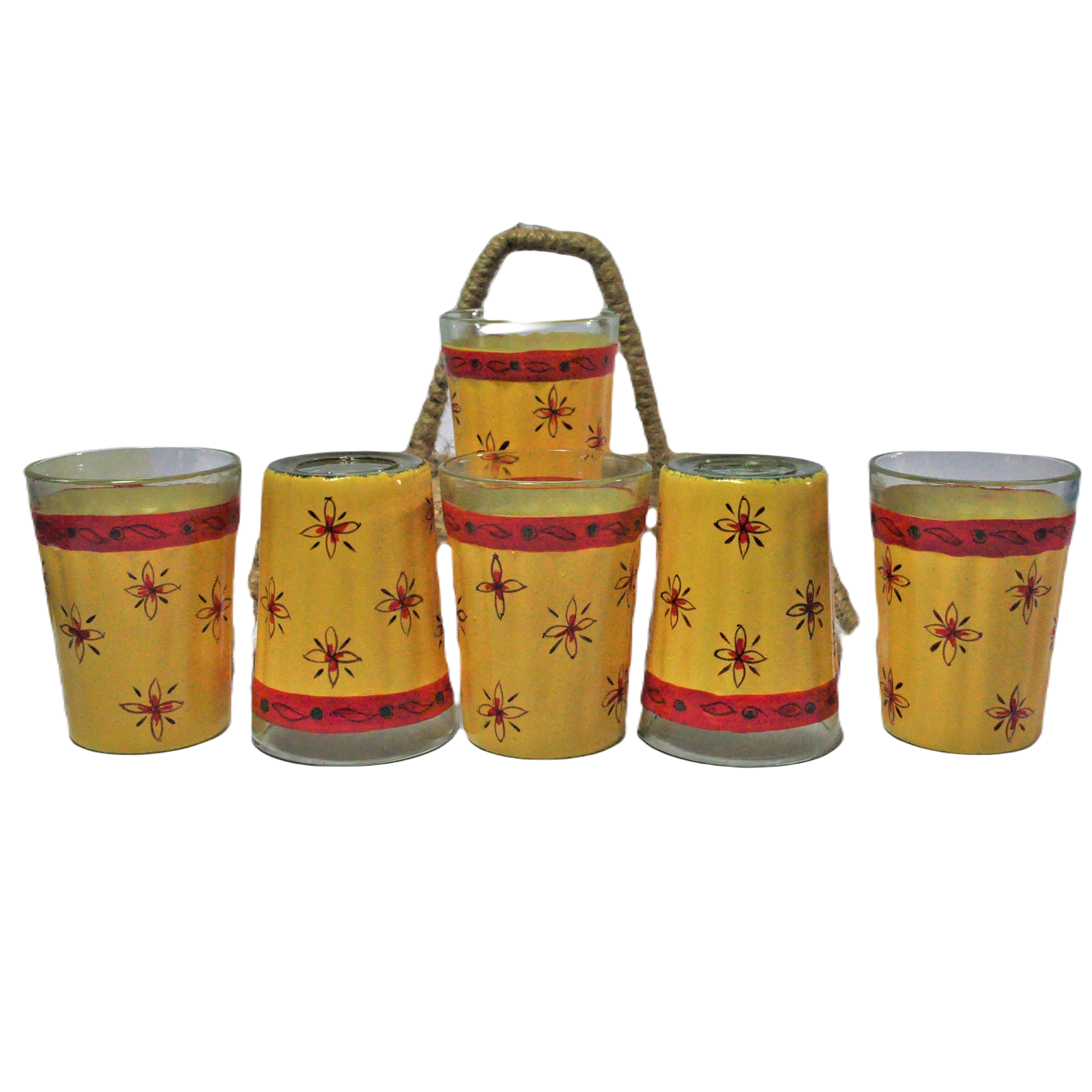 Hand Painted Aluminium Kettle Jute Stand 6 Glass Set