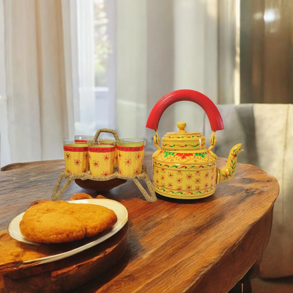 Hand Painted Aluminium Kettle Jute Stand 6 Glass Set