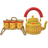 Hand Painted Aluminium Kettle Jute Stand 6 Glass Set