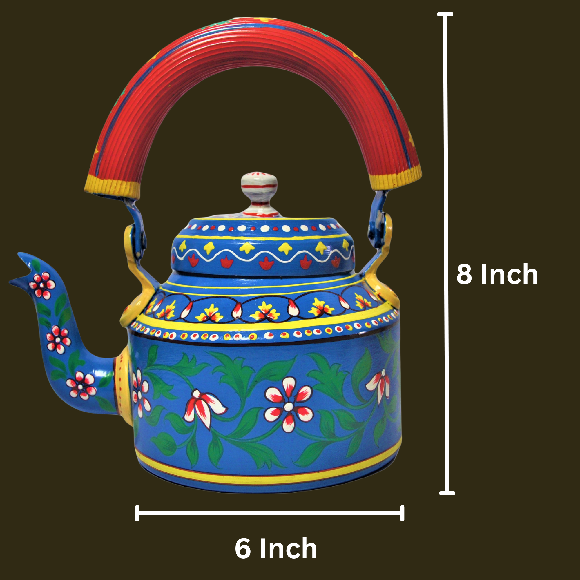 Hand Painted Aluminium Kettle Jute Stand 6 Glass Set Blue