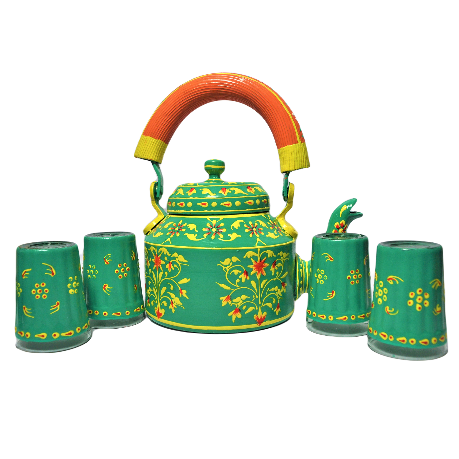 Hand Painted Aluminium Kettle Jute Stand 6 Glass Set - Green