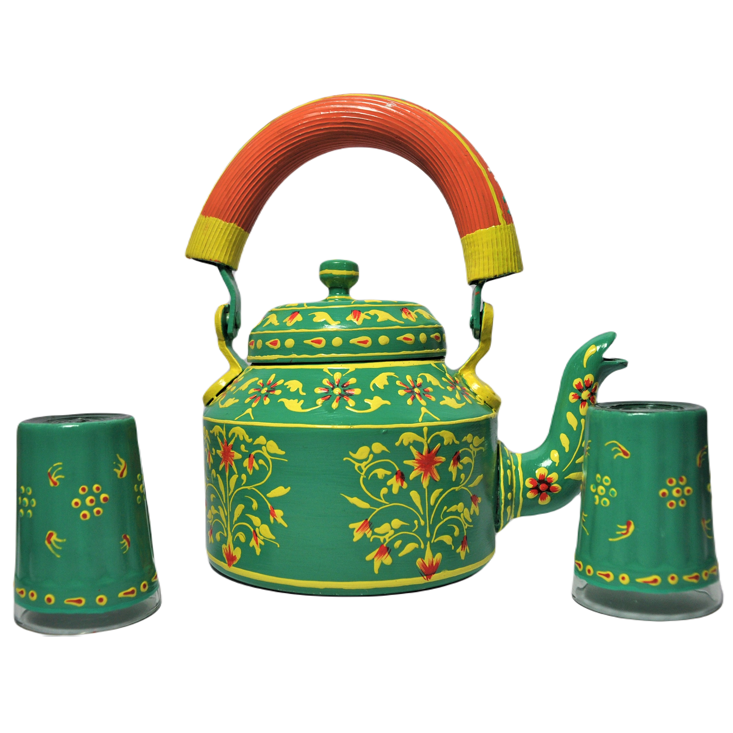 Hand Painted Aluminium Kettle Jute Stand 6 Glass Set - Green