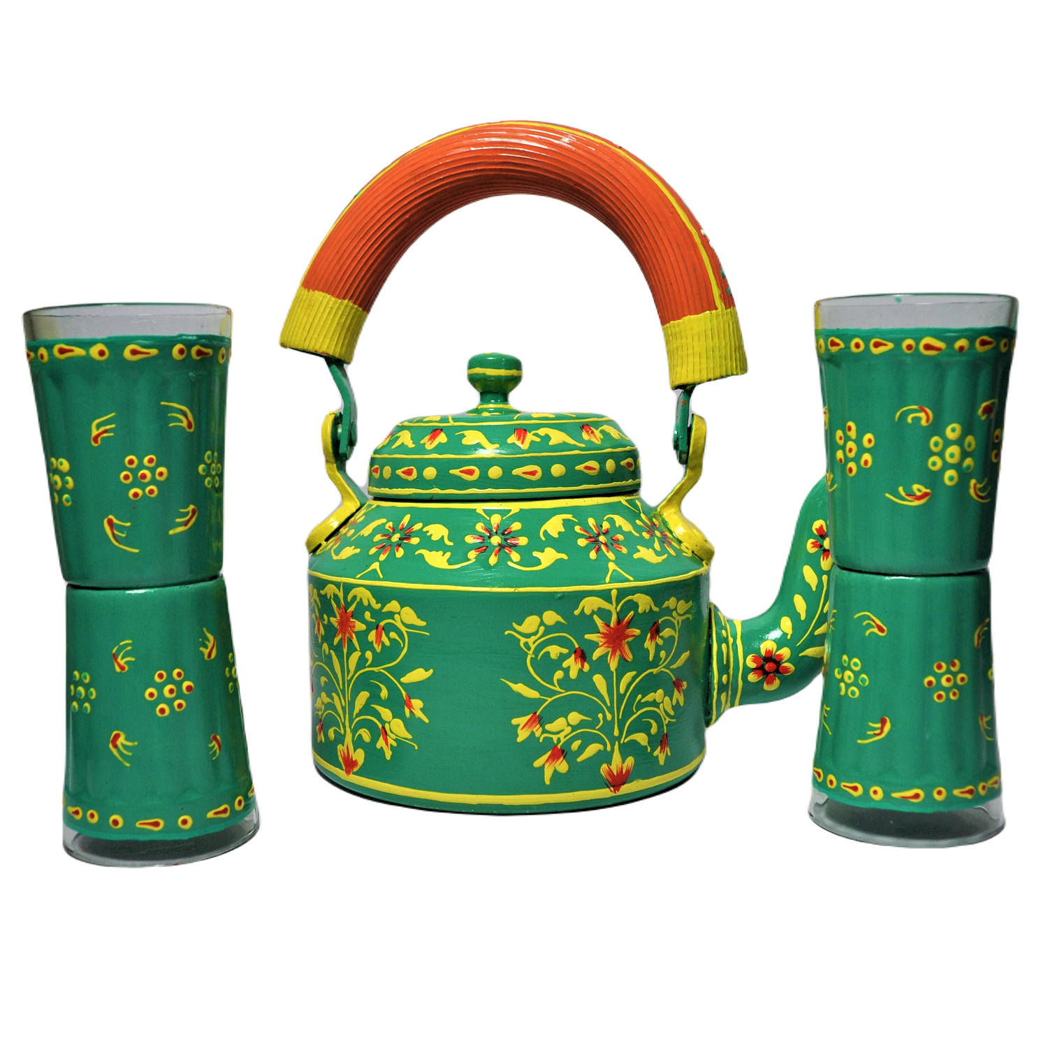 Hand Painted Aluminium Kettle Jute Stand 6 Glass Set - Green