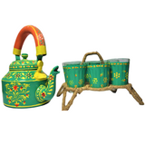 Hand Painted Aluminium Kettle Jute Stand 6 Glass Set - Green