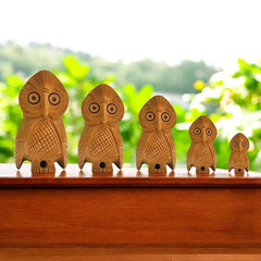 Wooden Owl Set Carving Antique Showpiece Set Of 5 Pcs