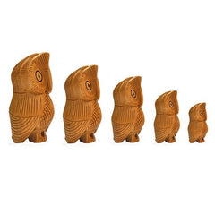 Wooden Owl Set Carving Antique Showpiece Set Of 5 Pcs