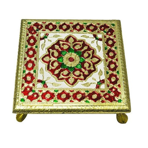 Meenkari Aluminium Metal Leg Chowki - 12X12 Inch Multicolour