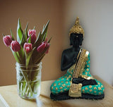 Polyresin Meditating Sitting Lord Buddha Showpiece - Cyan and Golden